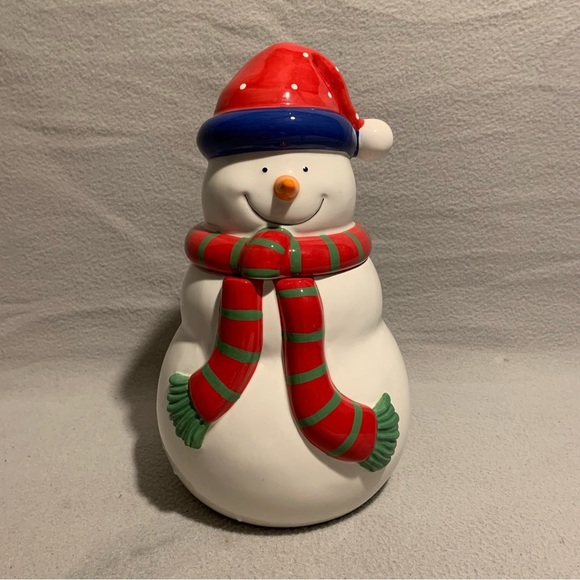 Holiday Snowman Cookie Jar with Santa’s red hat and red/green striped scarf. - Picture 1 of 8